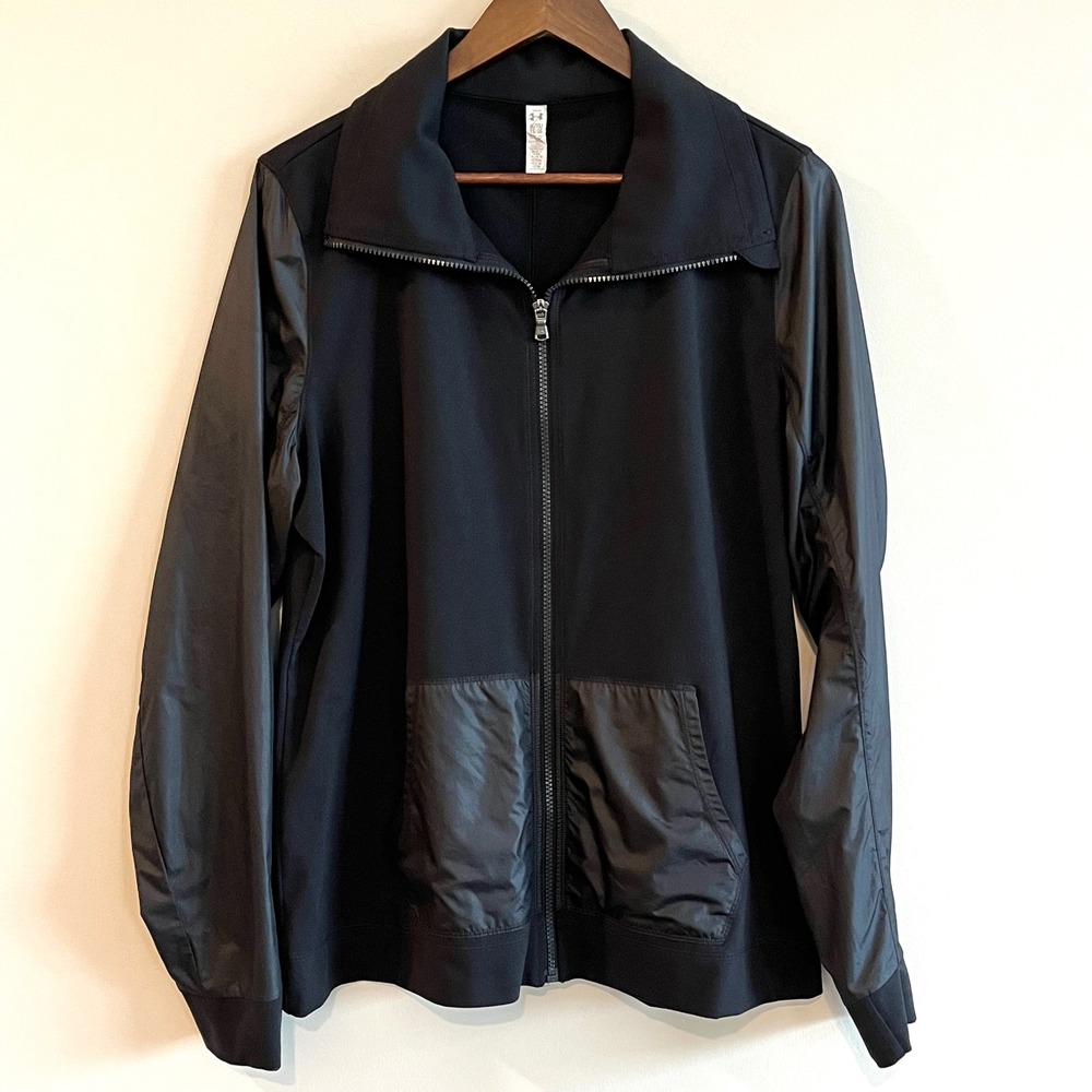 Under Armour Womens XL Black Full Zip Mixed Media Track Jacket Fitted Activewear